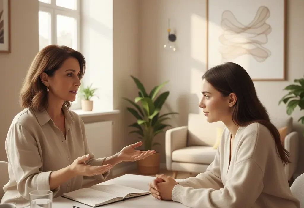 Meridyen terapi uzmanı ile danışan arasında güvene dayalı profesyonel bilgilendirme görüşmesi.