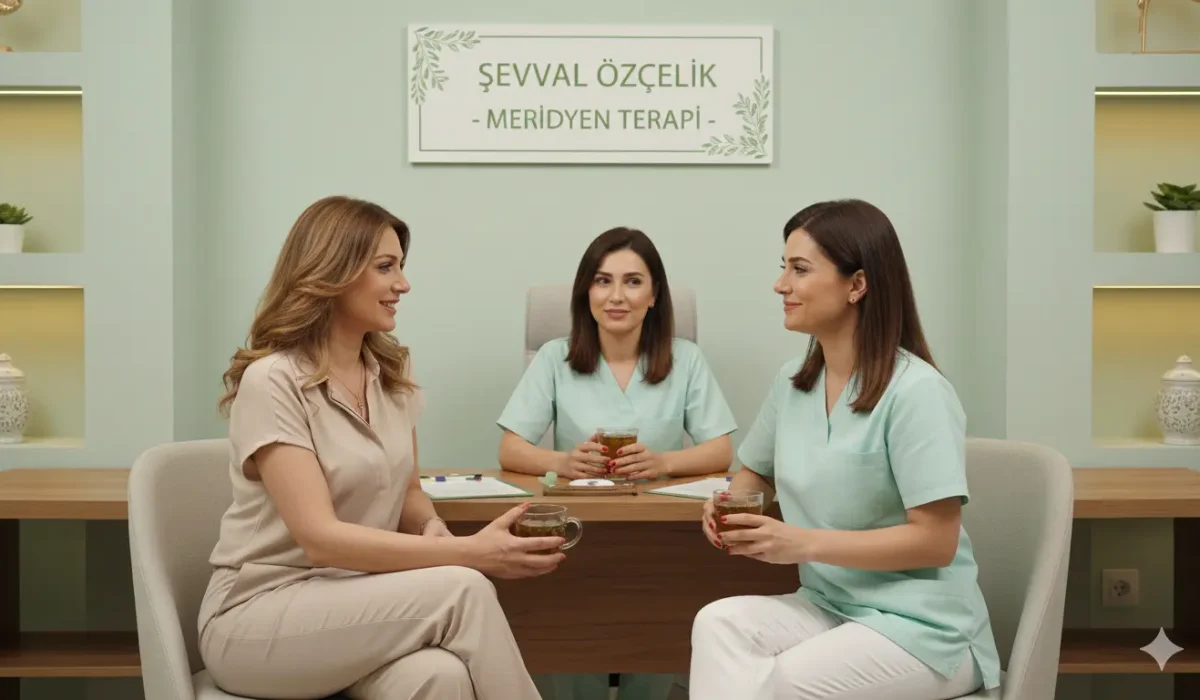 Meridyen terapi uzmanı Şevval Özçelik ofisinde danışanı ile terapi süreci hakkında görüşüyor.