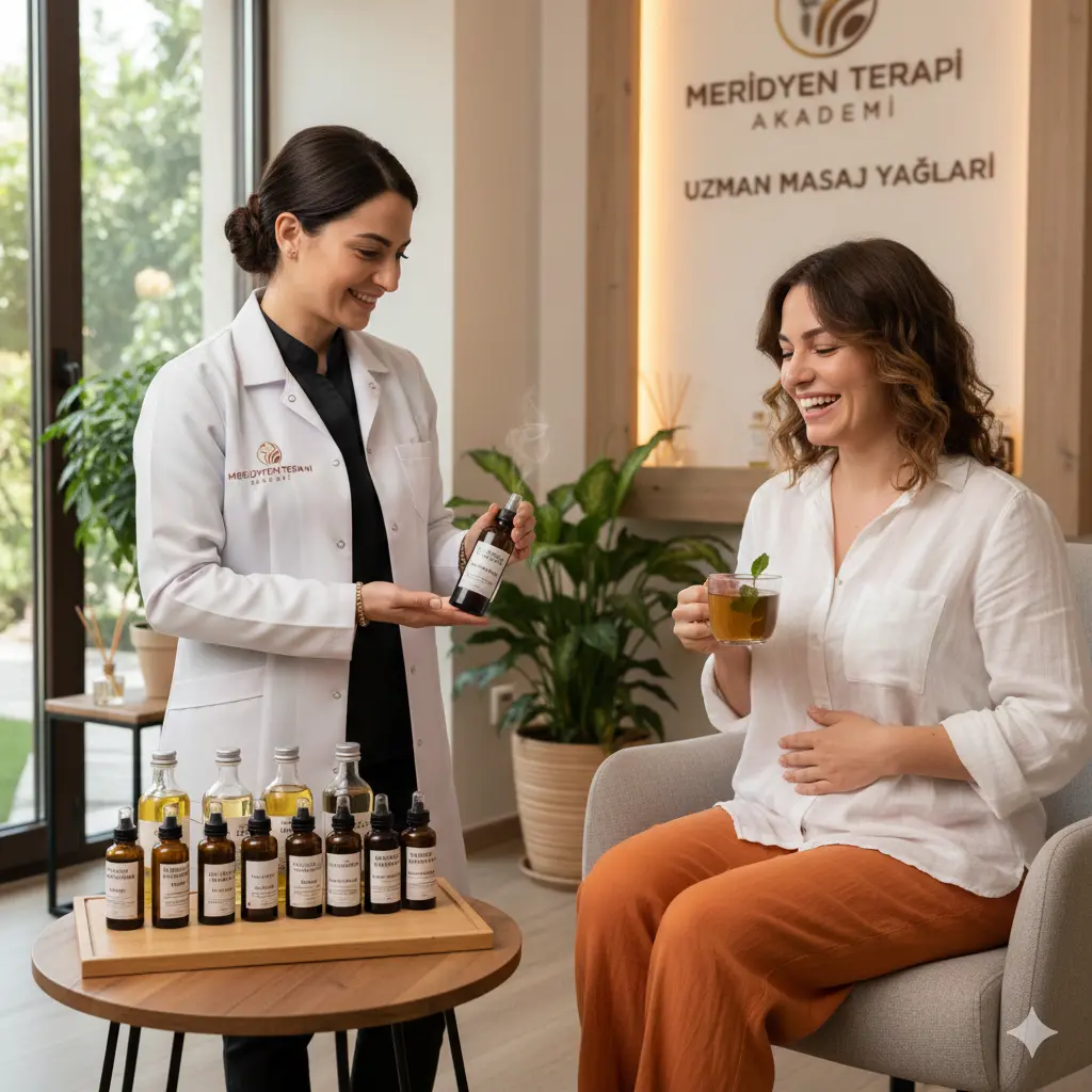 Fethiye Meridyen Terapi Akademi uzmanı, lenfatik drenaj ve detoks seansı öncesi danışanına bitkisel masaj yağlarını tanıtıyor.