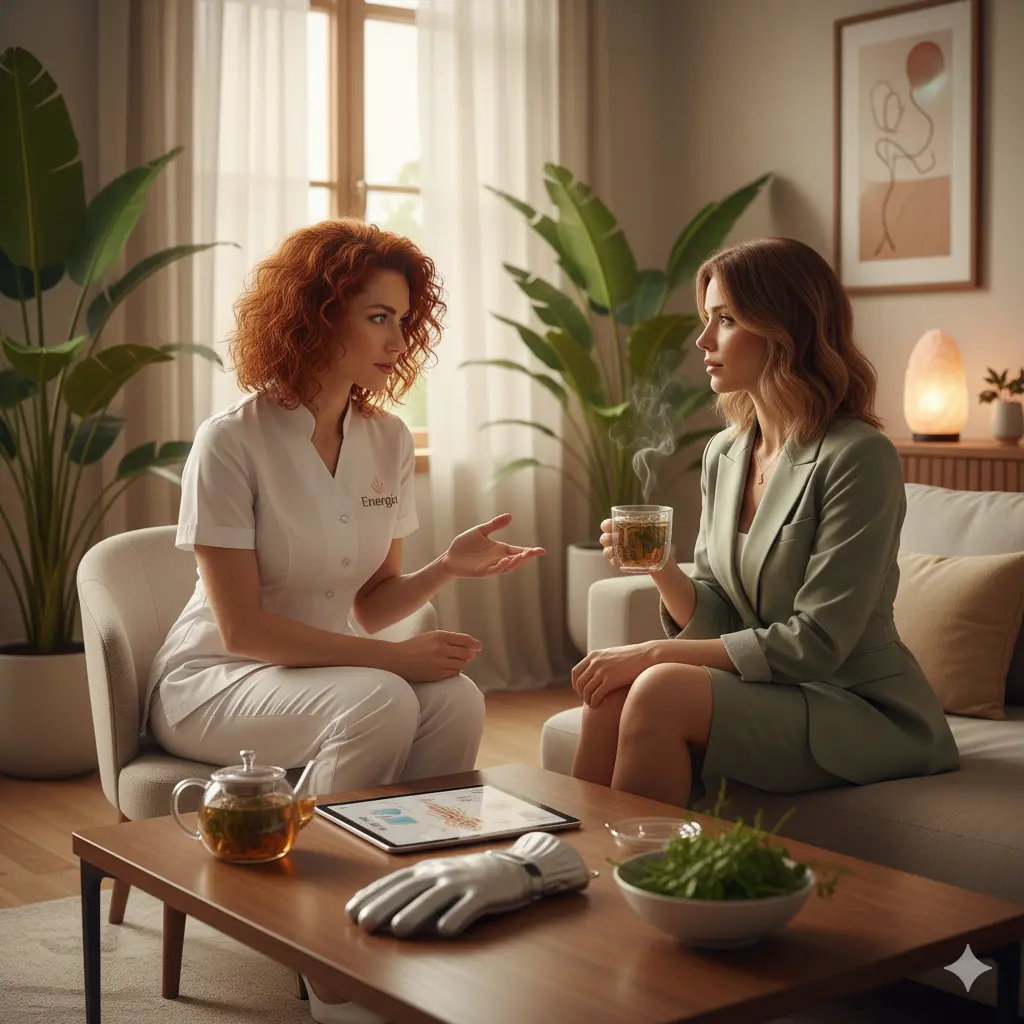 Fethiye'de uzman eşliğinde bioenerjetik meridyen terapi danışmanlık seansı ve gümüş eldiven teknolojisi anlatımı.