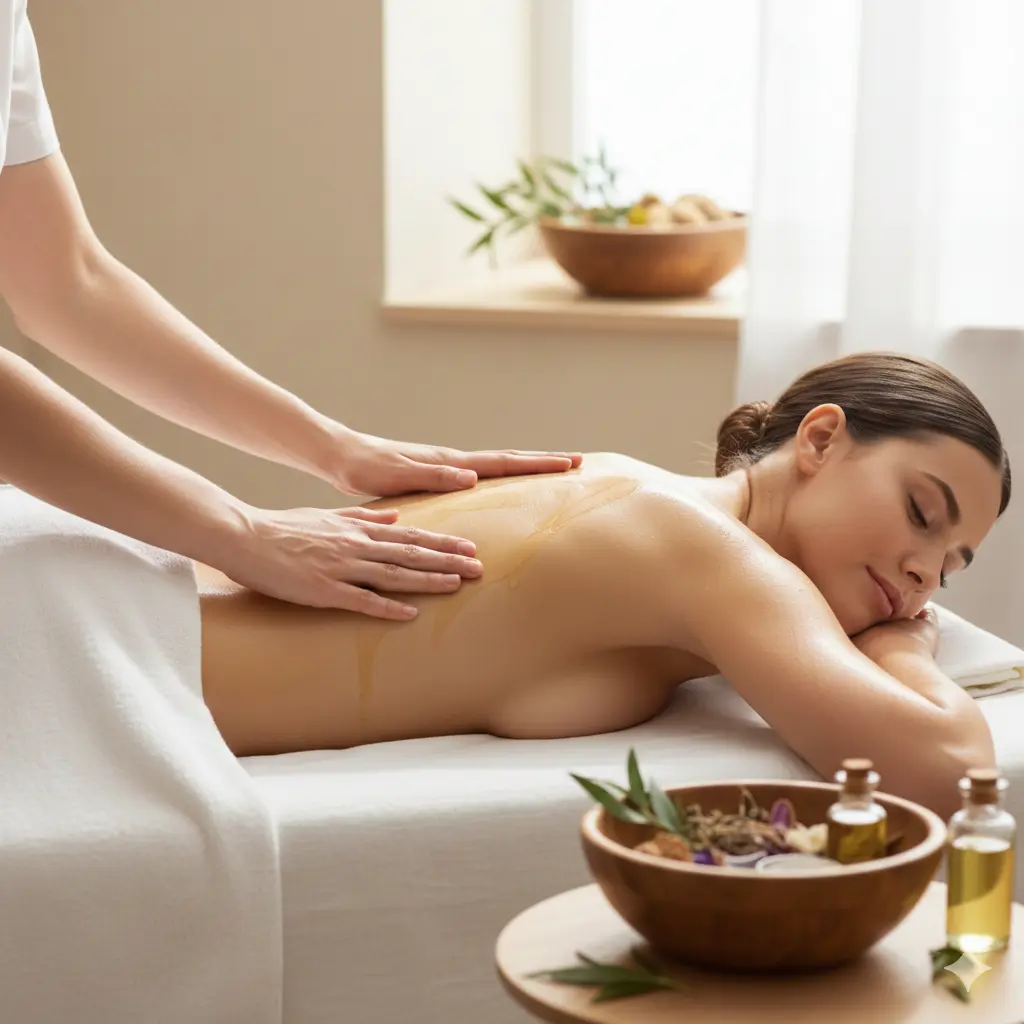 Fethiye'de fizyo-meridyen masajı uygulaması sırasında bitkisel yağlar ile sağlanan derin doku gevşemesi ve doğal terapi ortamı.