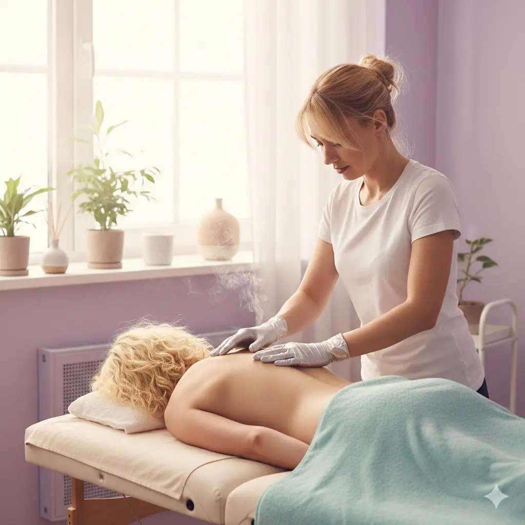 Fethiye Meridyen Terapi Akademi uzmanı, gümüş eldivenlerle danışanına postür düzenleme amaçlı meridyen masajı uyguluyor.